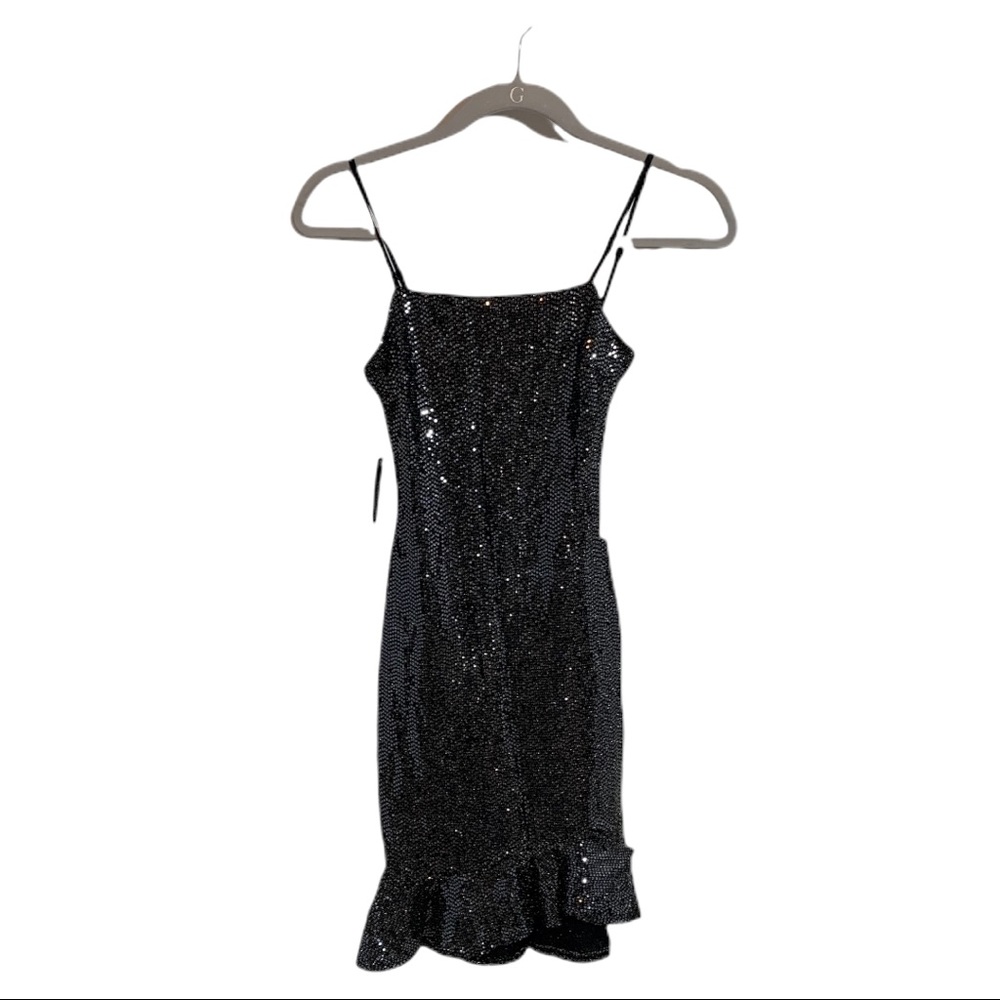 NWT Sunset + Spring‎ Womens Sequin Spaghetti Strap Ruffled Hem Bodycon Dress XS.